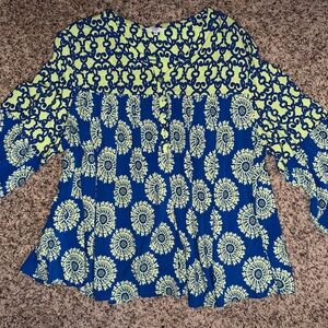 Crown & Ivy Blue and Yellow Patterned Blouse